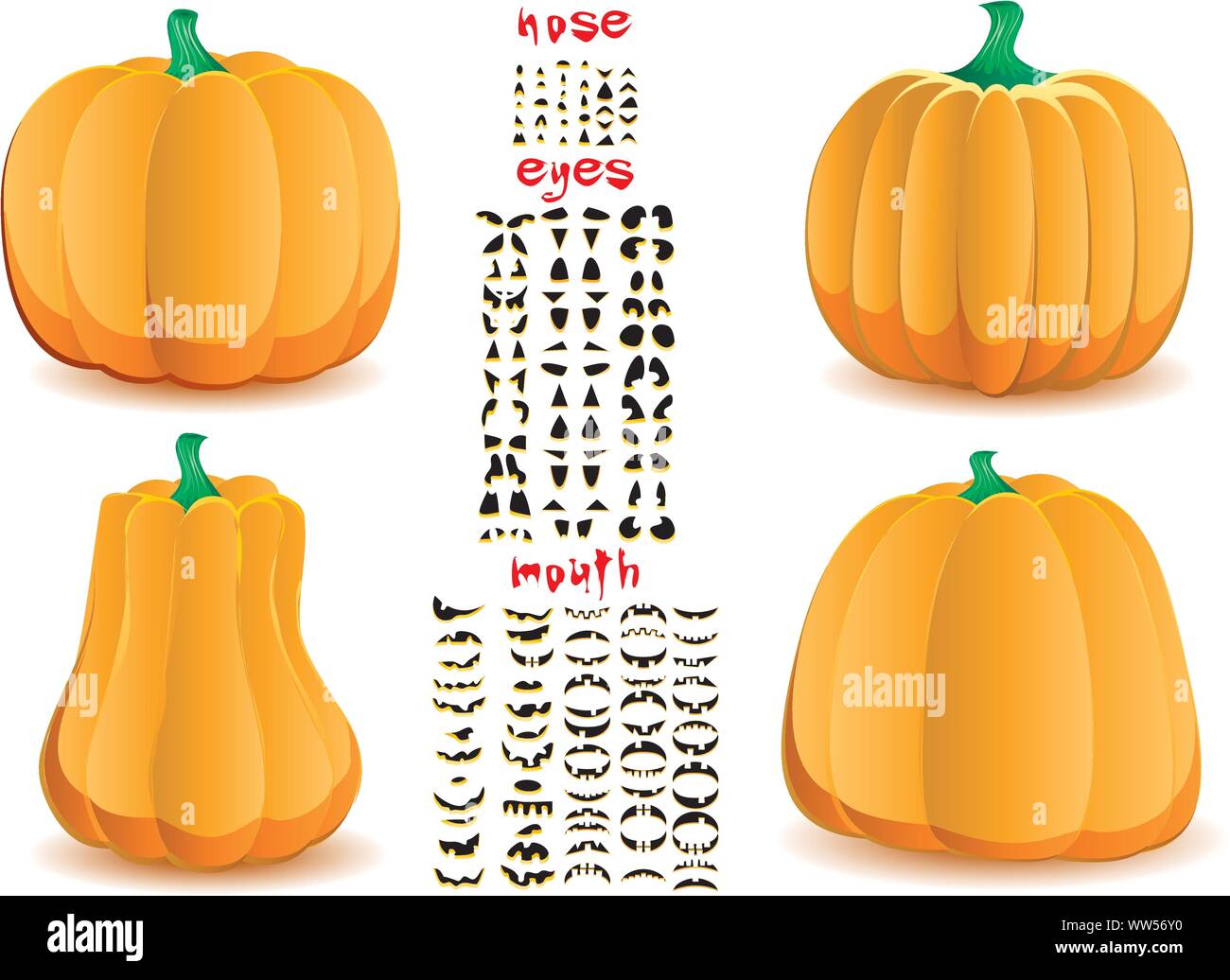 Largest set of halloween pumpkins with big set of mouths, eyes and noses for Jack O`Lantern face, part 20, vector illustration Stock Vector
